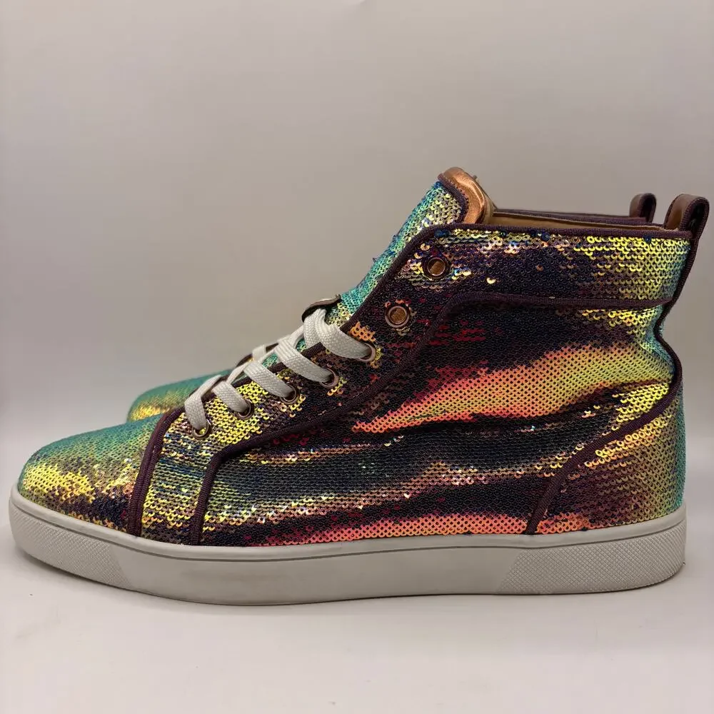 CHRISTIAN LOUBOUTIN Louis Orlato High Top Sneaker Sequin Rainbow Sz 43.5 $2200
